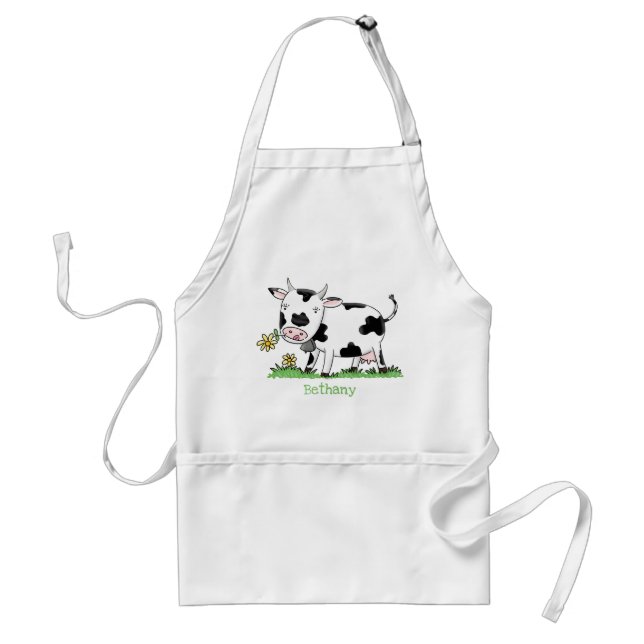 Cute cow in green field cartoon illustration standard apron (Front)