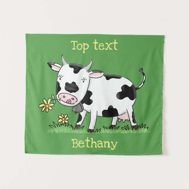 Cute cow in green field cartoon illustration  tapestry (Front (Horizontal))