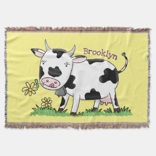 Cute cow in green field cartoon illustration throw blanket