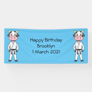Cute cow in kung fu suit cartoon banner