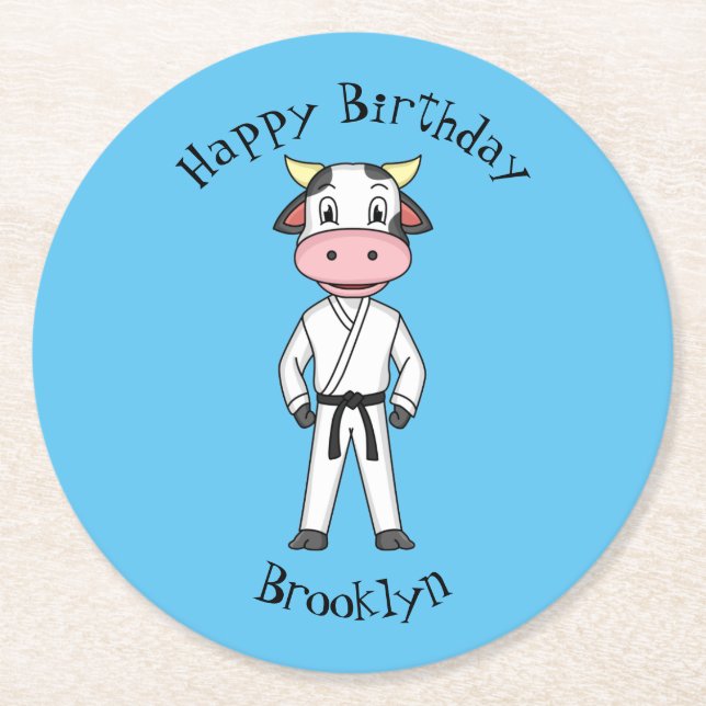 Cute cow in kung fu suit cartoon  round paper coaster (Front)