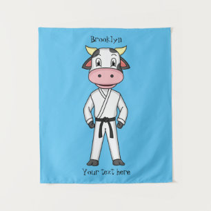 Cute cow in kung fu suit cartoon tapestry