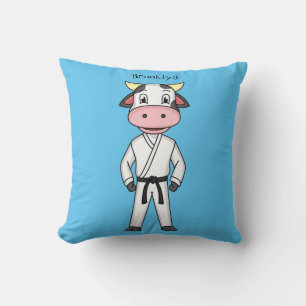 Cute cow in kung fu suit cartoon  throw pillow