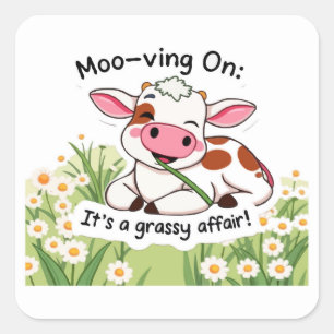 Cute Cow in Pink Eating Grass Square Sticker