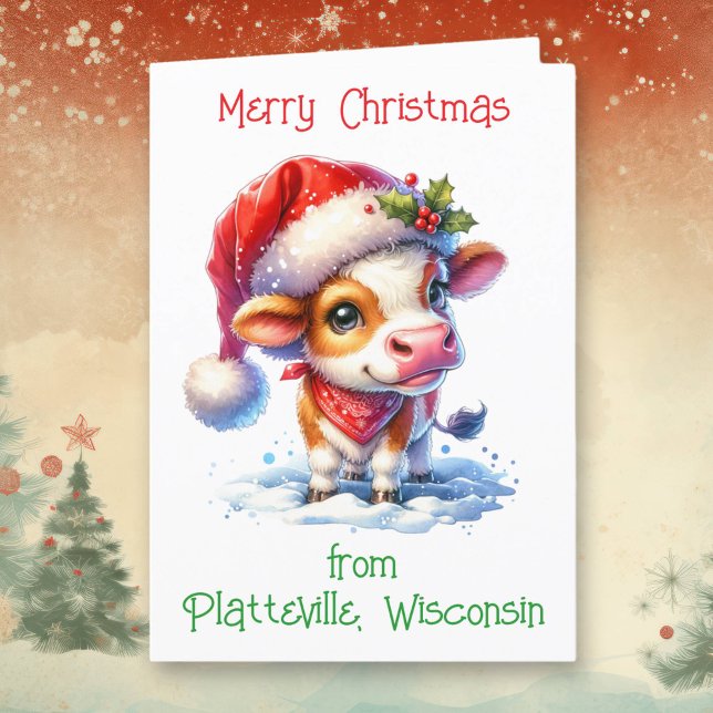 Cute Cow in Santa Hat Personalized Christmas Holiday Card (Creator Uploaded)