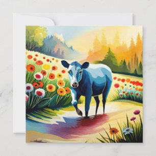 Cute cow in the floral field invitation