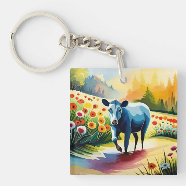 Cute cow in the floral field keychain (Front)