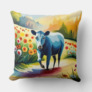 Cute cow in the floral field throw pillow