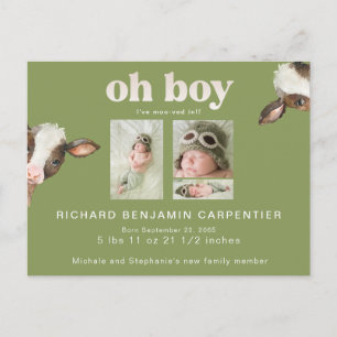 Cute Cow I've Moo-ved In Moss Green Birth Announcement Postcard