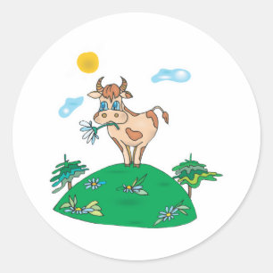 cute cow on hilltop classic round sticker