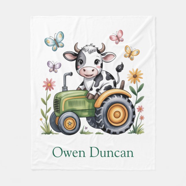 Cute Cow on Tractor Boy Birthday Party Gift Fleece Blanket (Front)
