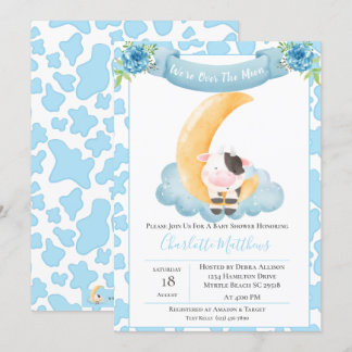 Cute Cow Over The Moon Blue Baby Shower   Invitation
