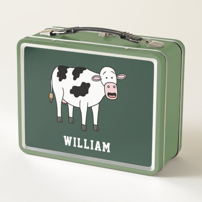 Cute Cow Personalized Custom Name Back To School Metal Lunch Box (Back)