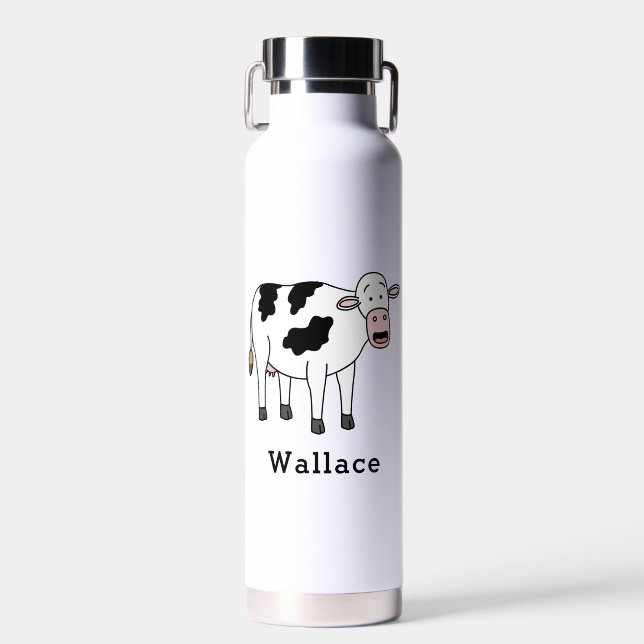 Cute Cow Personalized Custom Name Back To School Water Bottle (Front)