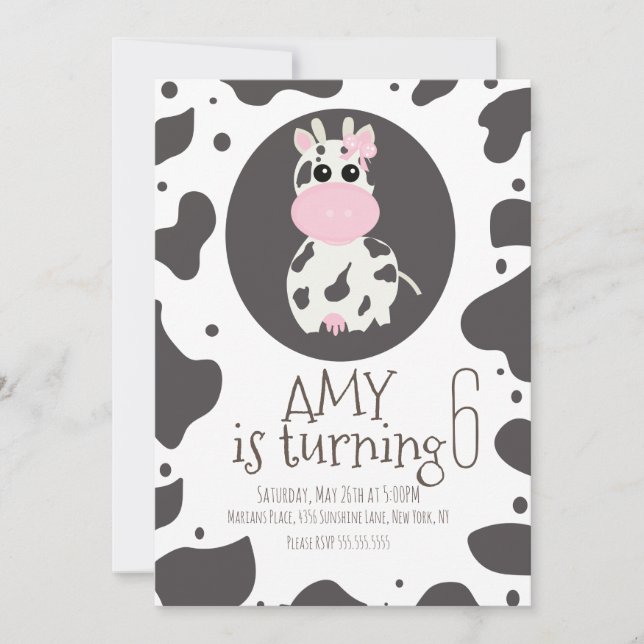 Cute Cow Pink Bow Birthday Party Invitation (Front)