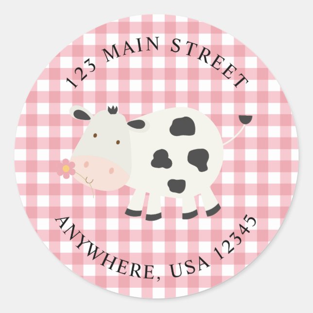 Cute Cow pink gingham return address labels (Front)