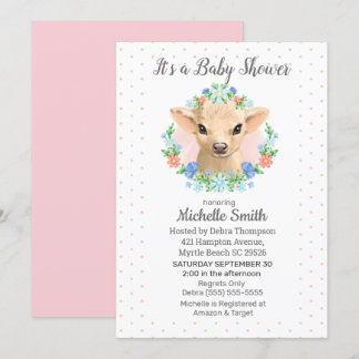 Cute Cow Pink Girls Floral Baby Shower  Invitation