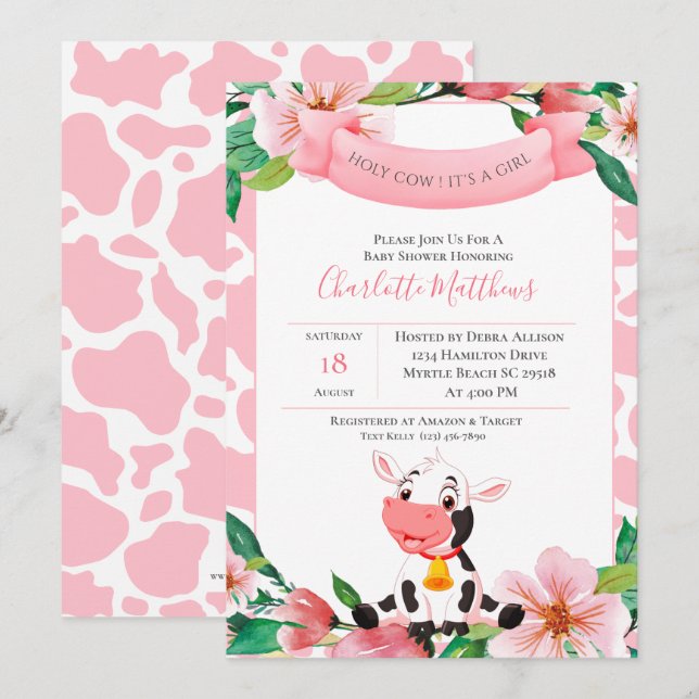 Cute Cow Pink Watercolor Floral  Baby Shower   Invitation (Front/Back)