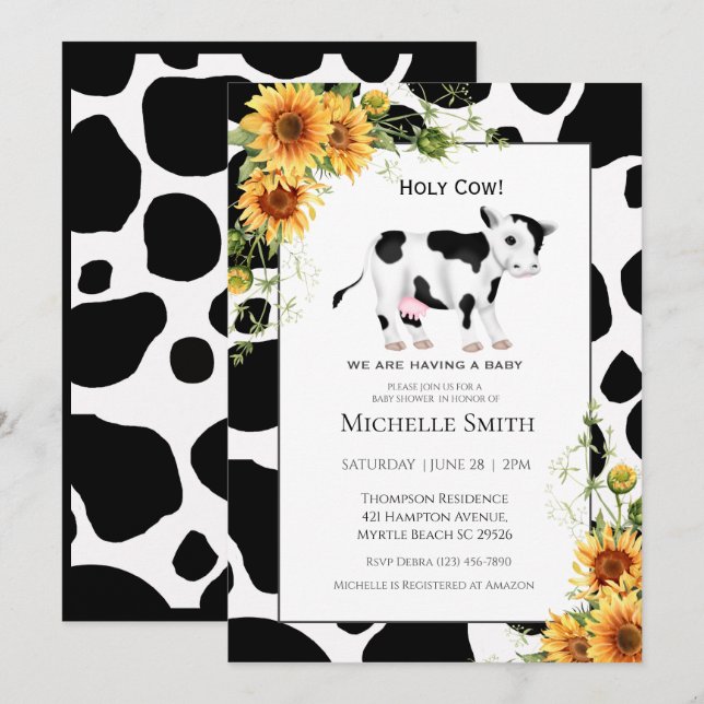 Cute Cow Print Sunflower Baby Shower Invitations (Front/Back)