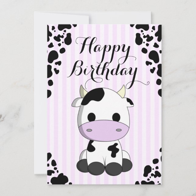 Cute Cow Purple Stripes Prints Kids Birthday Card (Front)