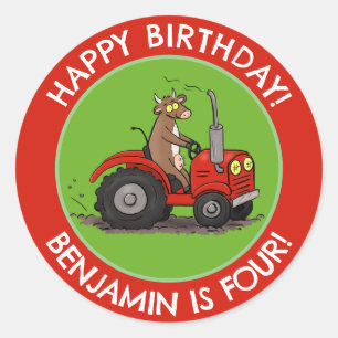 Cute cow riding tractor personalized birthday classic round sticker