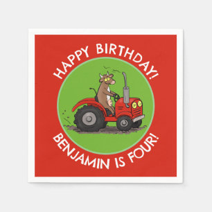 Cute cow riding tractor personalized birthday napkin
