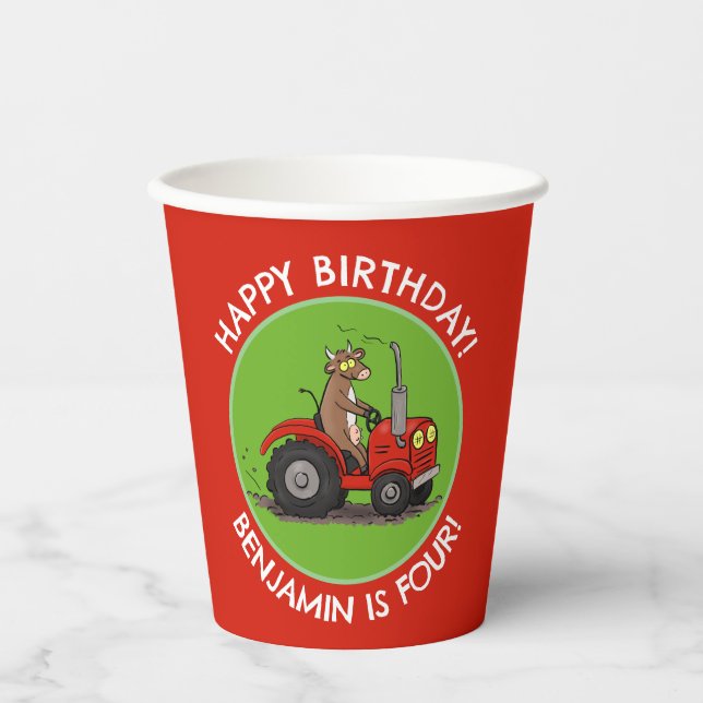 Cute cow riding tractor personalized birthday paper cups (Front)