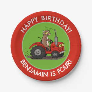 Cute cow riding tractor personalized birthday paper plate