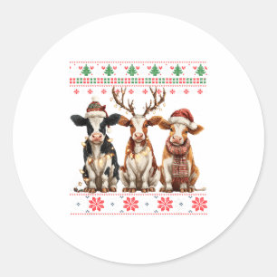 Cute Cow Santa Christmas Lights Ugly Xmas Sweater  Classic Round Sticker