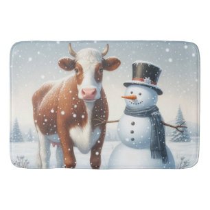 Cute cow & snowman in the winter field bath mat