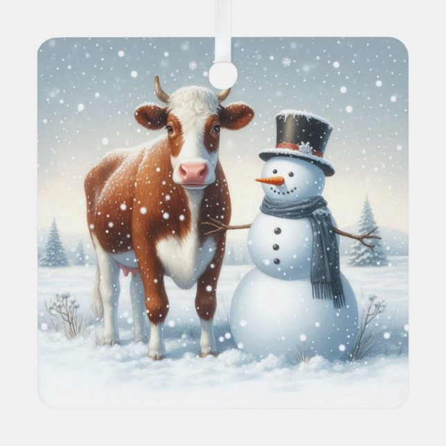 Cute cow & snowman in the winter field metal ornament (Front)