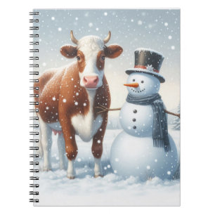 Cute cow & snowman in the winter field notebook