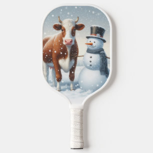 Cute cow & snowman in the winter field pickleball paddle