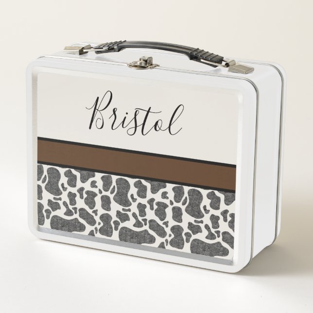 Cute Cow Spots Animal Print Your Name Black White Metal Lunch Box (Front)