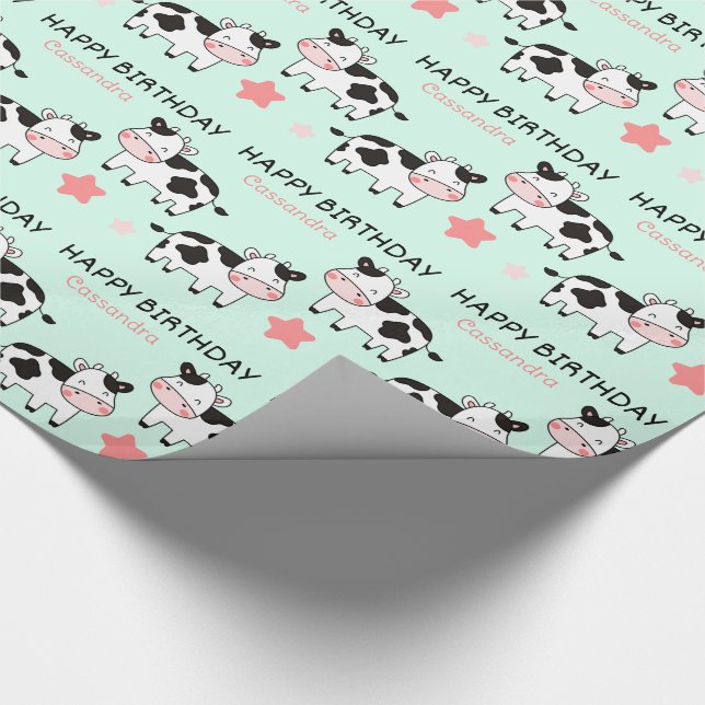 Cute Cow Star Kids Name Green Birthday Wrapping Paper (Corner)