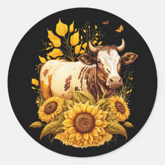 Cute Cow Sunflower Lover Drawing Art Classic Round Sticker
