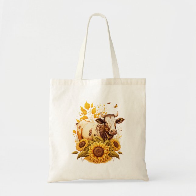 Cute Cow Sunflower Lover Drawing Art Tote Bag (Front)
