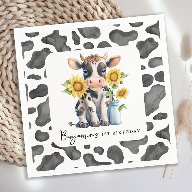 Cute Cow Sunflower Modern Farm Animal 1st Birthday Napkin (Creator Uploaded)