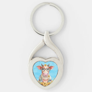 Cute Cow Sunflowers Keychain