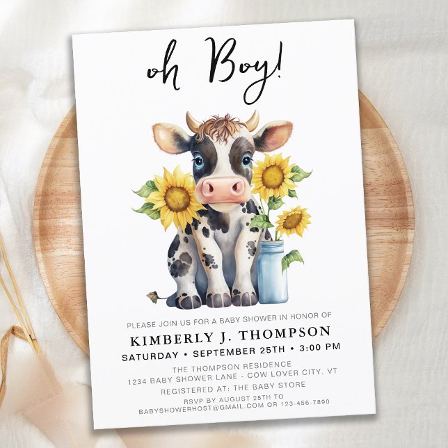 Cute Cow Sunflowers Modern Farm Animal Baby Shower Invitation (Creator Uploaded)