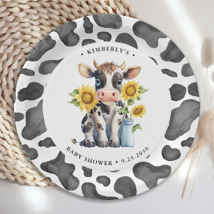 Cute Cow Sunflowers Modern Simple Farm Baby Shower Paper Plate