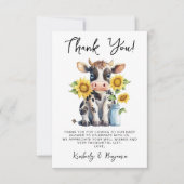 Cute Cow Sunflowers Modern Simple Farm Baby Shower Thank You Card (Front)