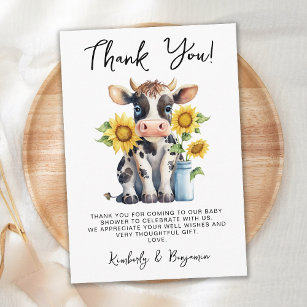 Cute Cow Sunflowers Modern Simple Farm Baby Shower Thank You Card