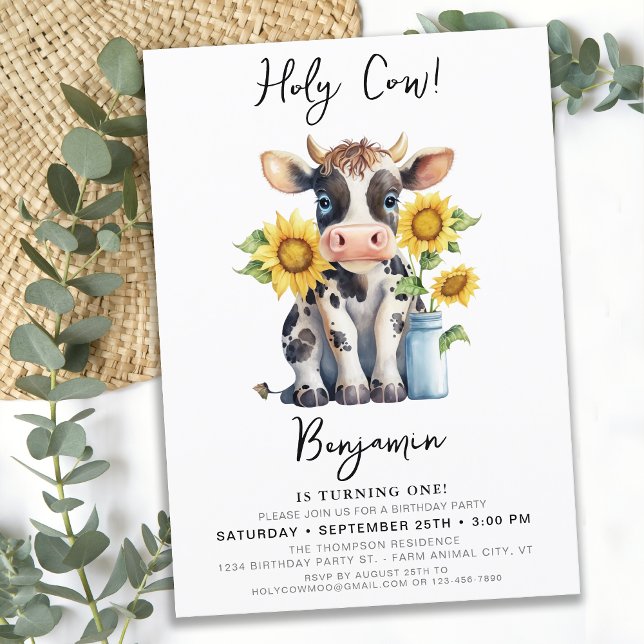 Cute Cow Sunflowers Modern Simple Farm Birthday Invitation (Creator Uploaded)