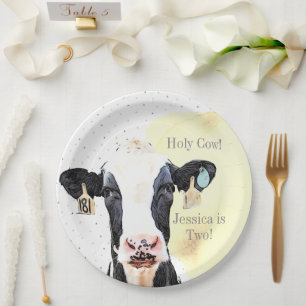 Cute Cow Wild Animal Yellow 2nd Birthday Party Paper Plate