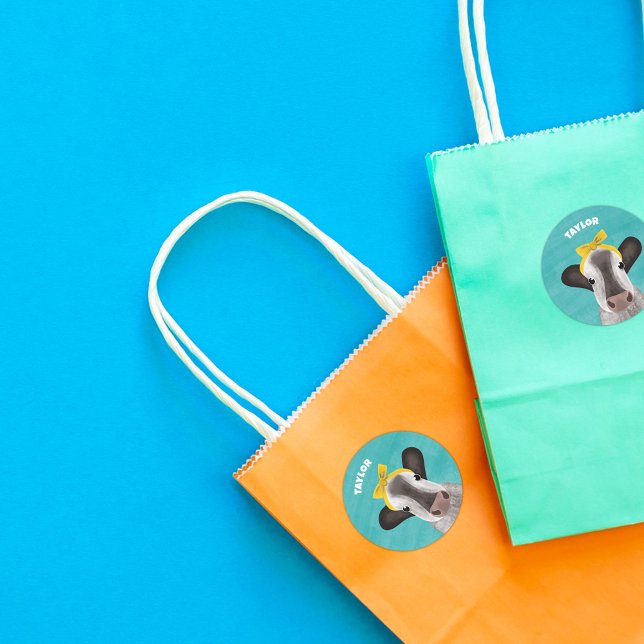 Cute Cow with Bow Personalized Classic Round Sticker (Creator Uploaded)