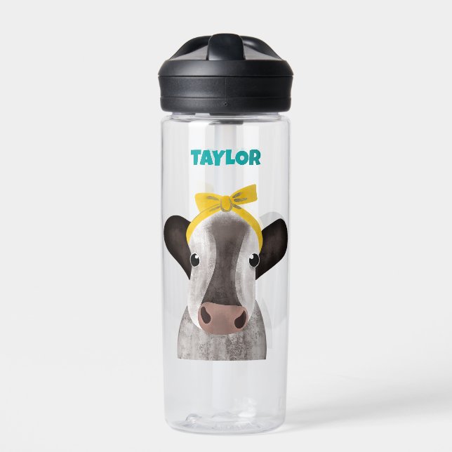 Cute Cow with Bow Personalized Water Bottle (Front)