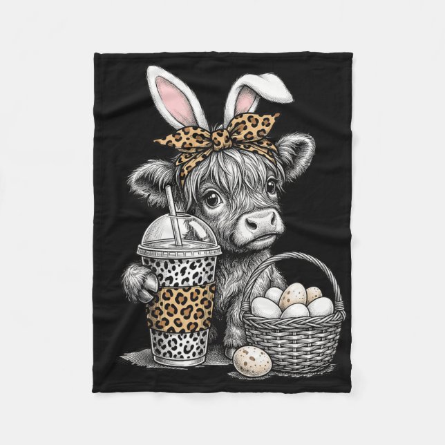 Cute Cow With Bunny And Snacks For Easter Fun  Fleece Blanket (Front)