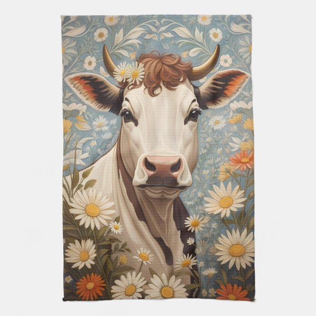 Cute Cow With Daisy Flowers Kitchen Towel (Vertical)