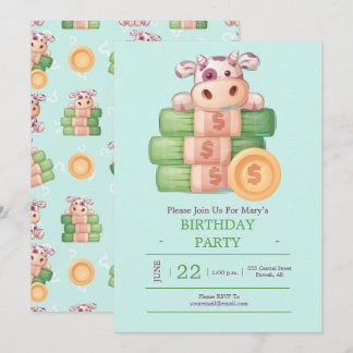 Cute Cow With Money Party Invitation